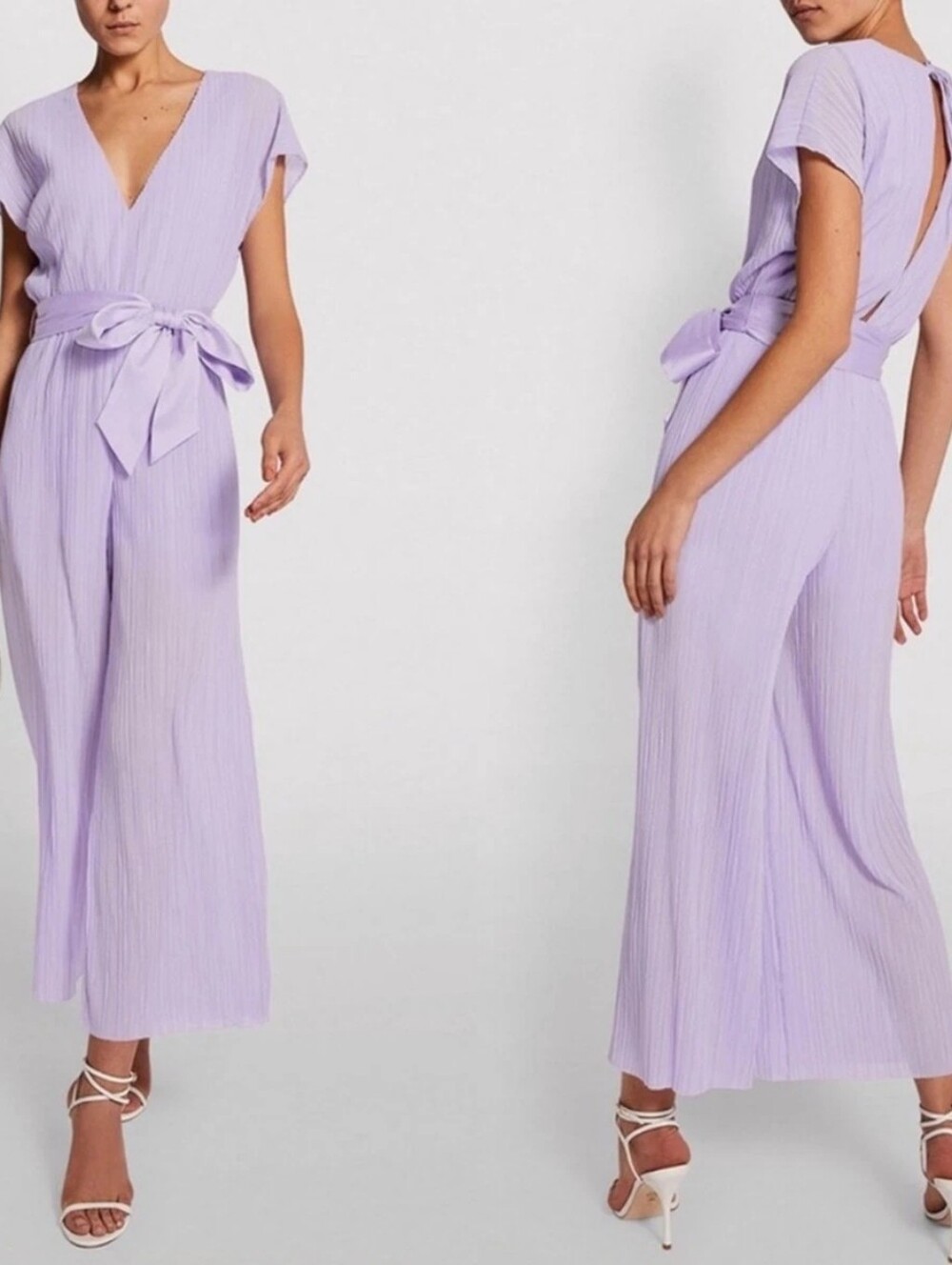 Alice & Olivia Mitsue Plisse Lilac Jumpsuit Wide Leg Belted Size 10